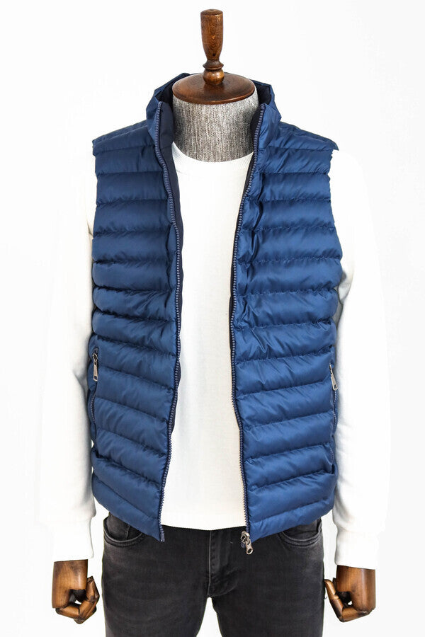 Reversible Quilted Standing Collar Blue Men Down Vest - Wessi