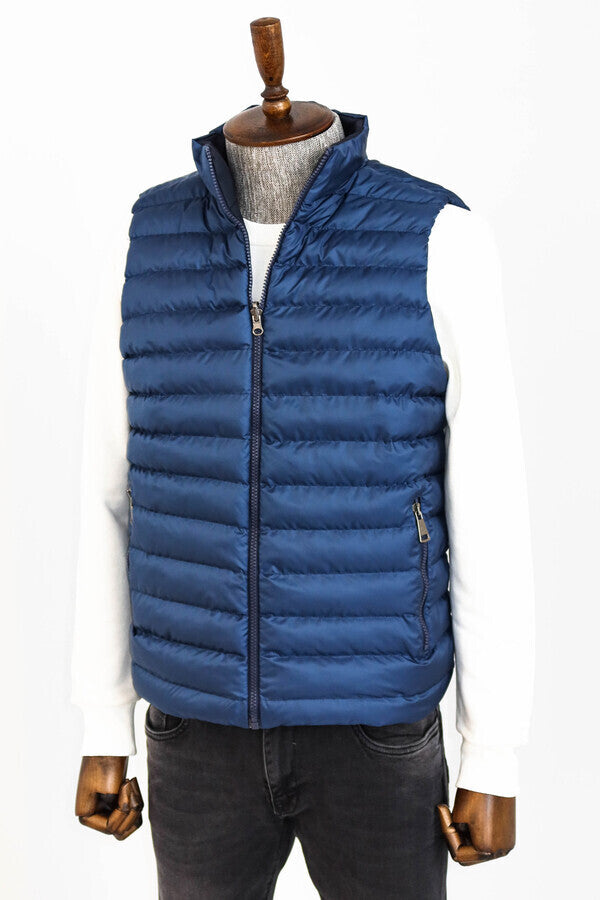 Reversible Quilted Standing Collar Blue Men Down Vest - Wessi