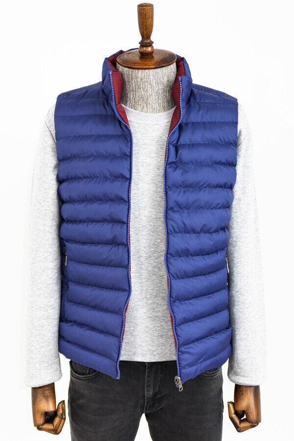 Reversible Quilted Standing Collar Indigo Blue Men Down Vest - Wessi