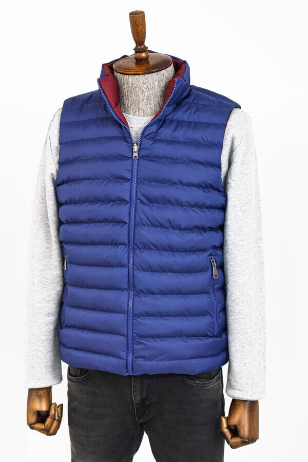 Reversible Quilted Standing Collar Indigo Blue Men Down Vest - Wessi