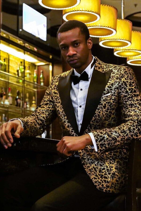 Root Pattern Peak Lapel Black Men Prom Blazer - Wessi