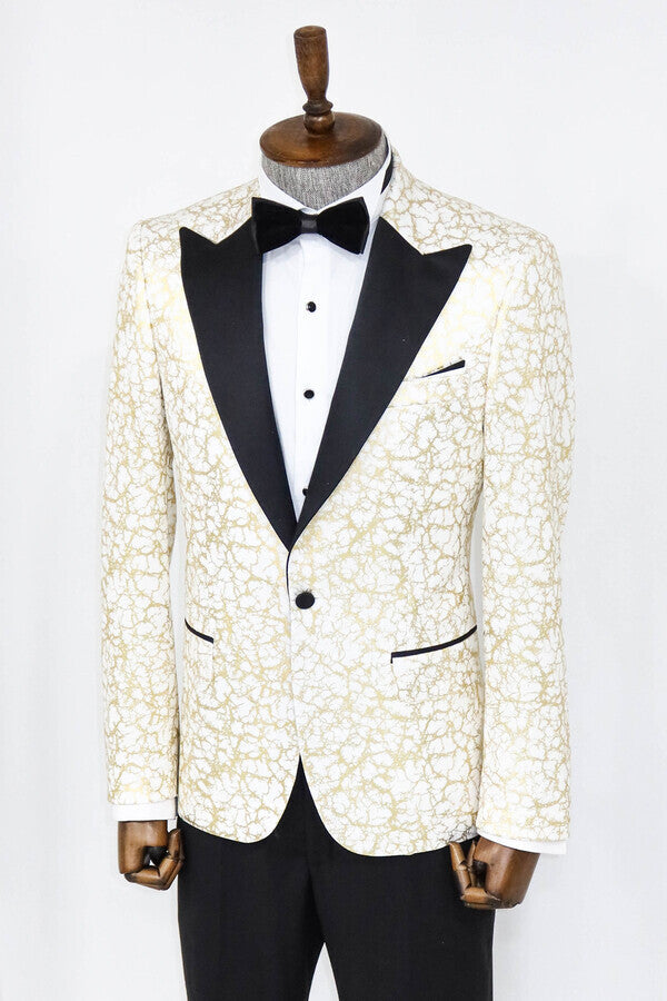 Root Pattern Peak Lapel White Men Prom Blazer - Wessi