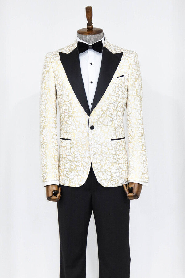 Root Pattern Peak Lapel White Men Prom Blazer - Wessi