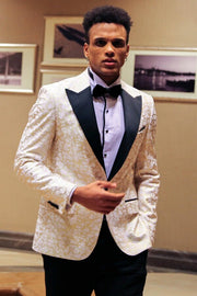 Root Pattern Peak Lapel White Men Prom Blazer - Wessi