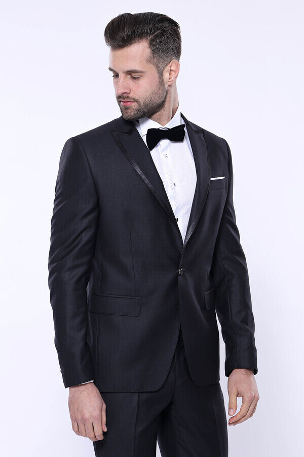 Satin Detailed Dark Grey Tuxedo  | Wessi