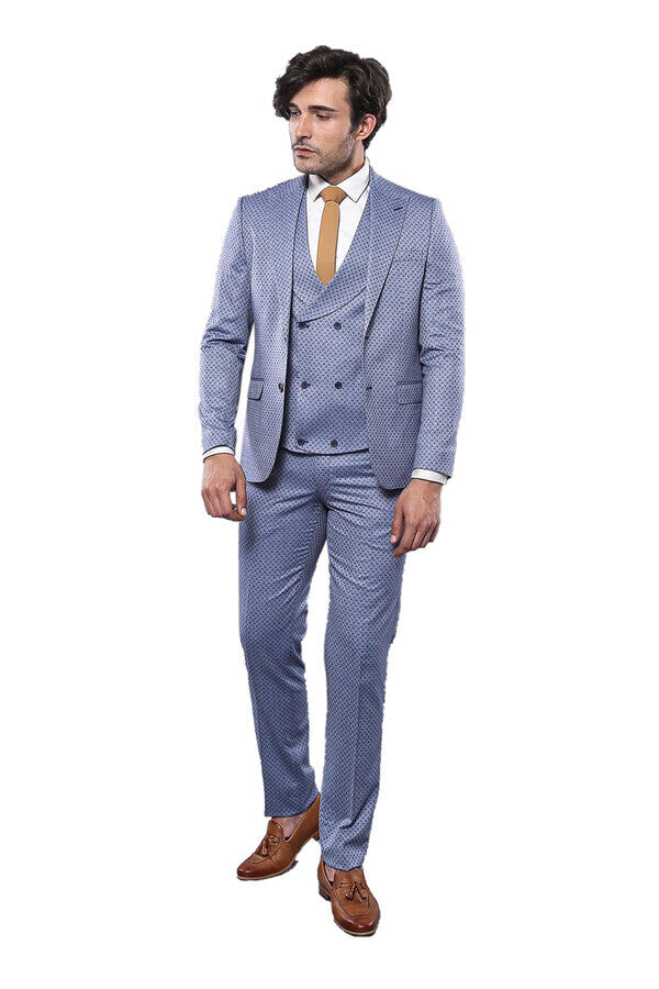 Self Patterned Vested Blue Suit | Wessi