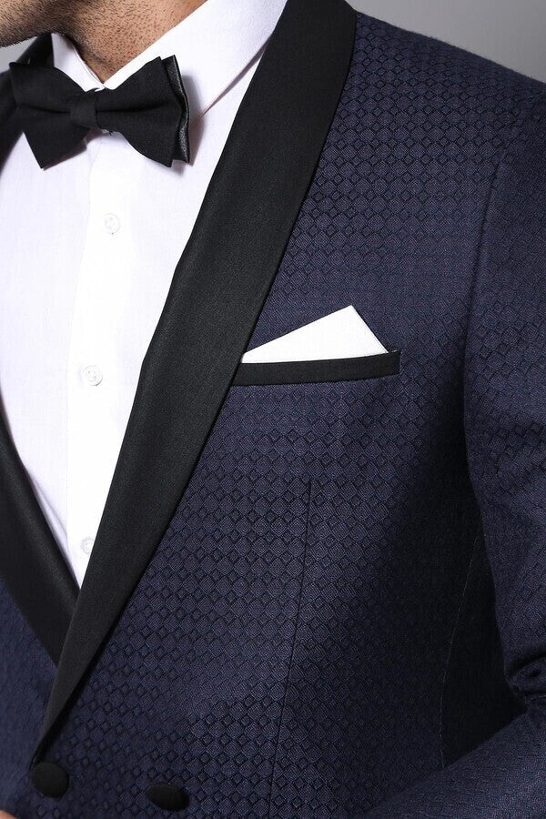 Shawl Lapel Double Breasted Navy Blue Suit | Wessi