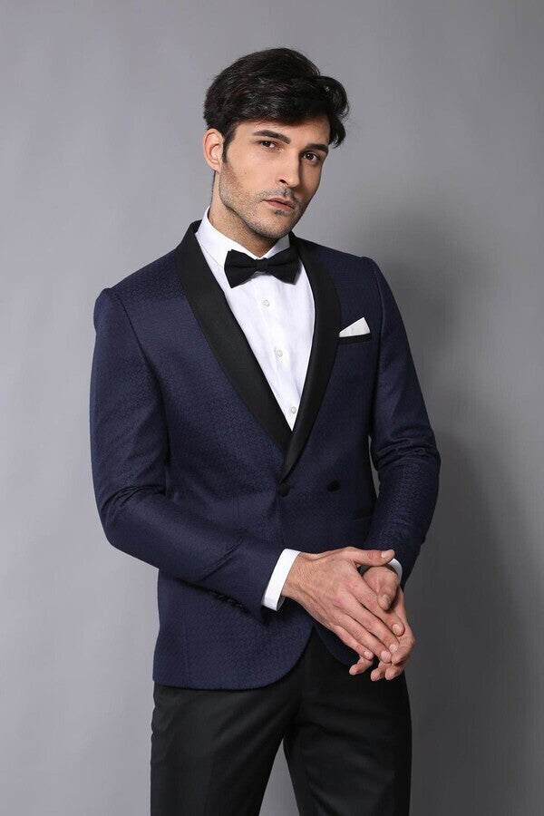 Shawl Lapel Double Breasted Navy Blue Suit | Wessi