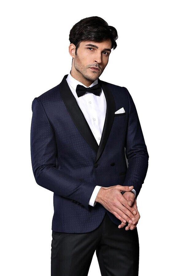 Shawl Lapel Double Breasted Navy Blue Suit | Wessi