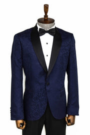 Shawl Lapel Floral Patterned Navy Blue Men Prom Blazer - Wessi