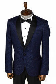 Shawl Lapel Floral Patterned Navy Blue Men Prom Blazer - Wessi