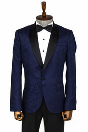 Shawl Lapel Floral Patterned Navy Blue Men Prom Blazer - Wessi