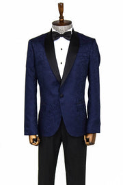 Shawl Lapel Floral Patterned Navy Blue Men Prom Blazer - Wessi