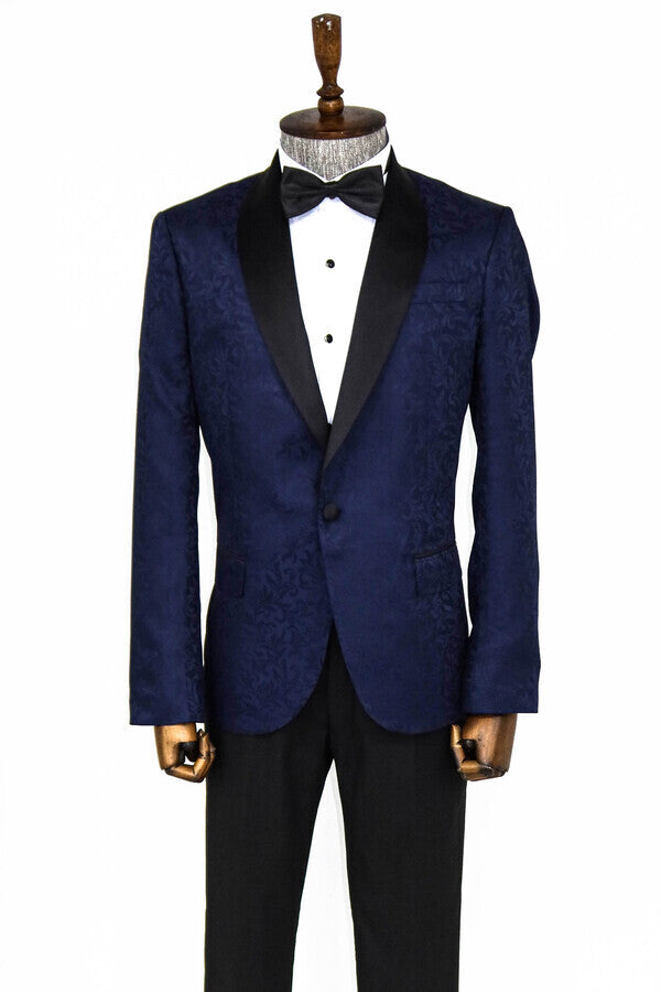 Shawl Lapel Floral Patterned Navy Blue Men Prom Blazer - Wessi