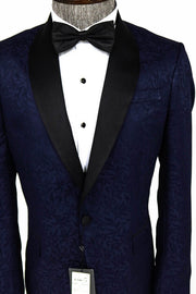 Shawl Lapel Floral Patterned Navy Blue Men Prom Blazer - Wessi