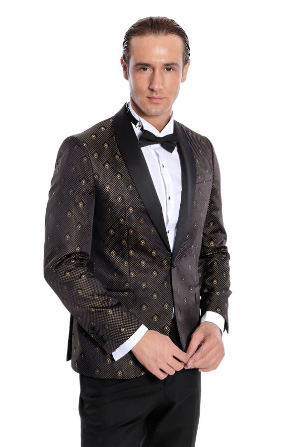 Shawl Lapel Gold Dot Patterned Over Black Men Tuxedo Blazer - Wessi