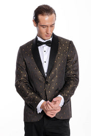 Shawl Lapel Gold Dot Patterned Over Black Men Tuxedo Blazer - Wessi