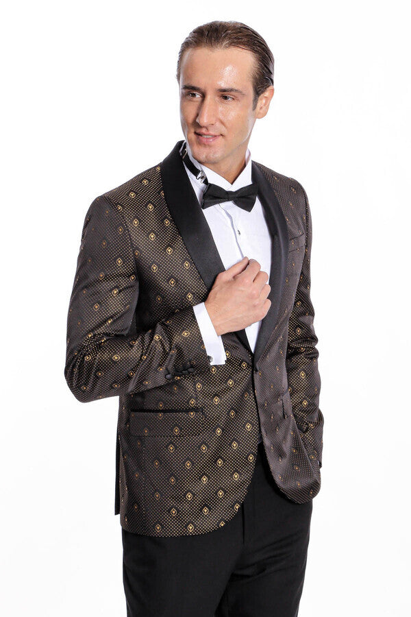 Shawl Lapel Gold Dot Patterned Over Black Men Tuxedo Blazer - Wessi