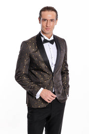 Shawl Lapel Gold Dot Patterned Over Black Men Tuxedo Blazer - Wessi