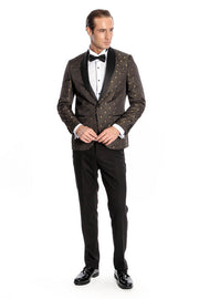 Shawl Lapel Gold Dot Patterned Over Black Men Tuxedo Blazer - Wessi