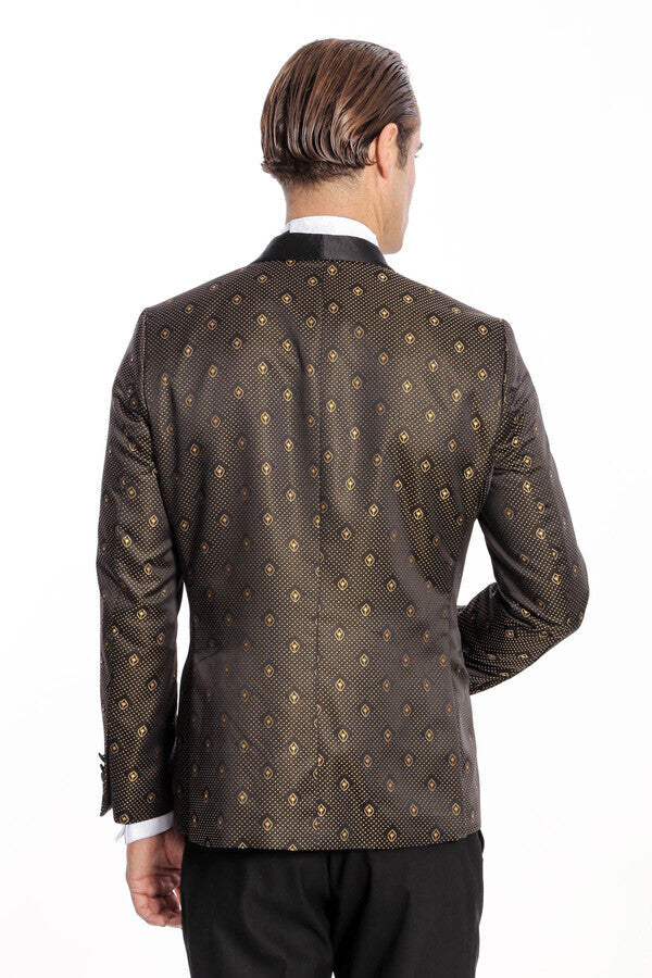 Shawl Lapel Gold Dot Patterned Over Black Men Tuxedo Blazer - Wessi