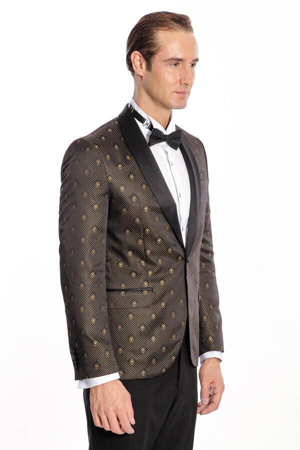 Shawl Lapel Gold Dot Patterned Over Black Men Tuxedo Blazer - Wessi