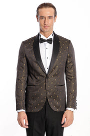 Shawl Lapel Gold Dot Patterned Over Black Men Tuxedo Blazer - Wessi