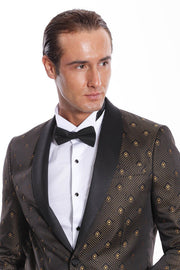 Shawl Lapel Gold Dot Patterned Over Black Men Tuxedo Blazer - Wessi