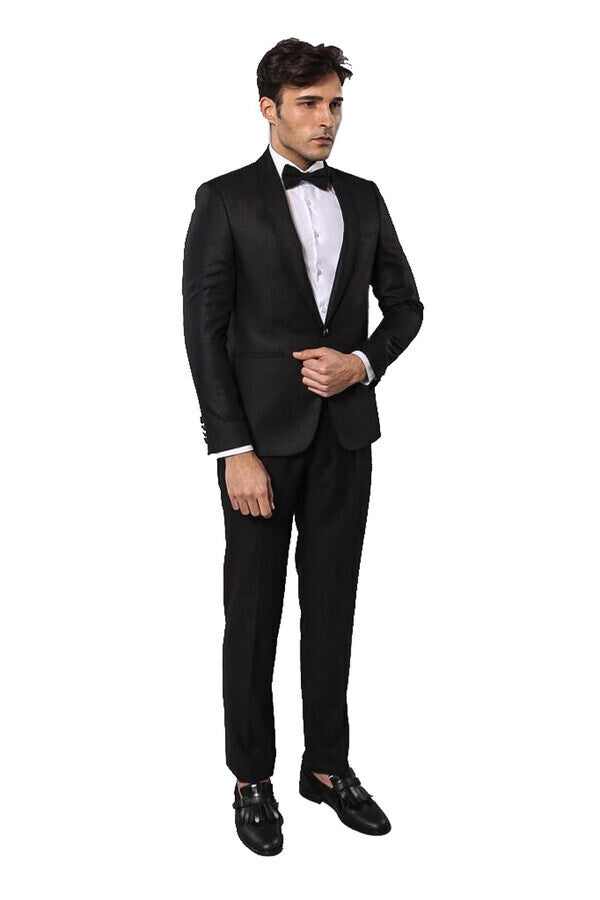 Shawl Lapel Patterned Black Men Wedding Suit | Wessi