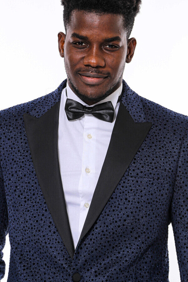 Shiny Dot Patterned Navy Blue Men Prom Blazer - Wessi