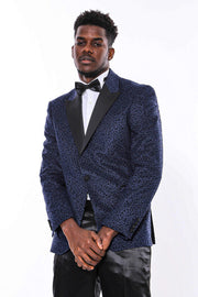 Shiny Dot Patterned Navy Blue Men Prom Blazer - Wessi