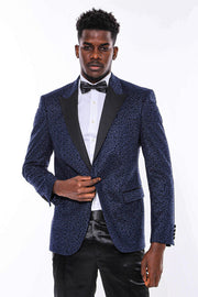 Shiny Dot Patterned Navy Blue Men Prom Blazer - Wessi