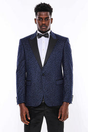 Shiny Dot Patterned Navy Blue Men Prom Blazer - Wessi