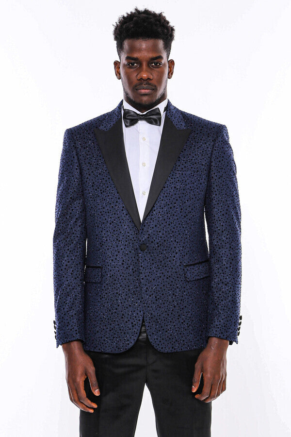 Shiny Dot Patterned Navy Blue Men Prom Blazer - Wessi