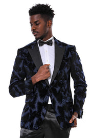 Shiny Leaf Patterned Navy Blue Men Prom Blazer - Wessi