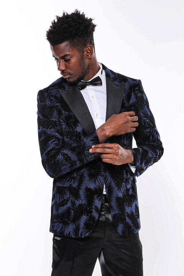 Shiny Leaf Patterned Navy Blue Men Prom Blazer - Wessi