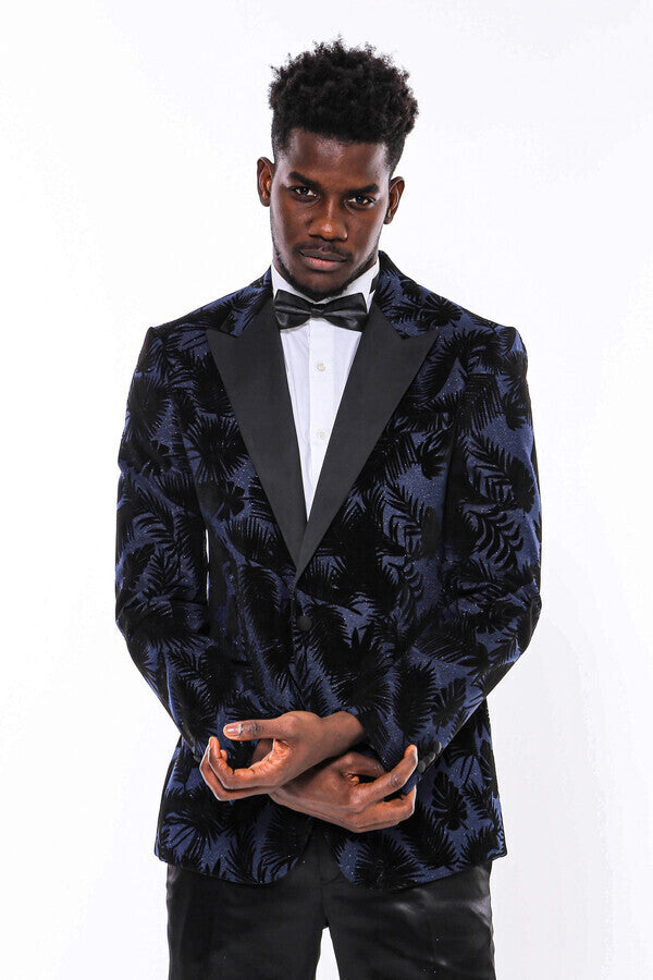 Shiny Leaf Patterned Navy Blue Men Prom Blazer - Wessi