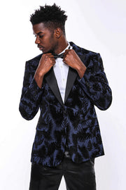 Shiny Leaf Patterned Navy Blue Men Prom Blazer - Wessi