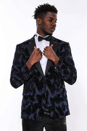 Shiny Leaf Patterned Navy Blue Men Prom Blazer - Wessi