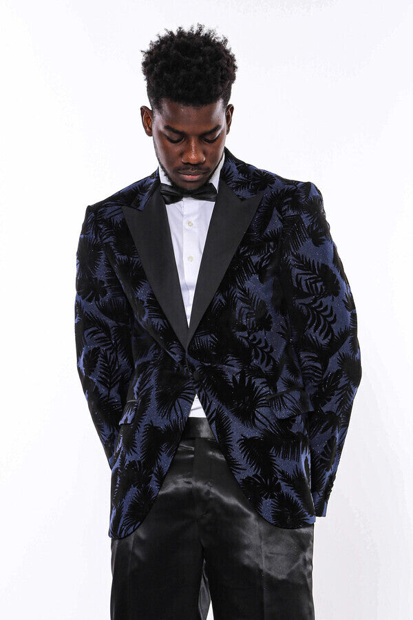 Shiny Leaf Patterned Navy Blue Men Prom Blazer - Wessi