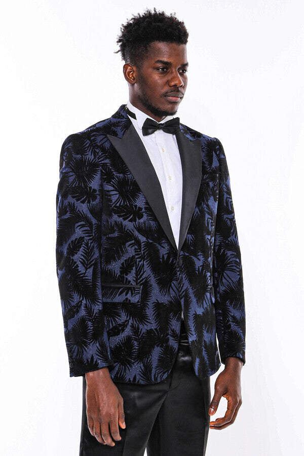 Shiny Leaf Patterned Navy Blue Men Prom Blazer - Wessi