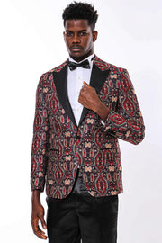 Shiny Patterned Burgundy Men Prom Blazer - Wessi