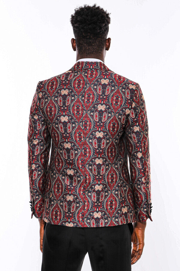 Shiny Patterned Burgundy Men Prom Blazer - Wessi