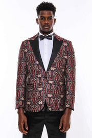 Shiny Patterned Burgundy Men Prom Blazer - Wessi