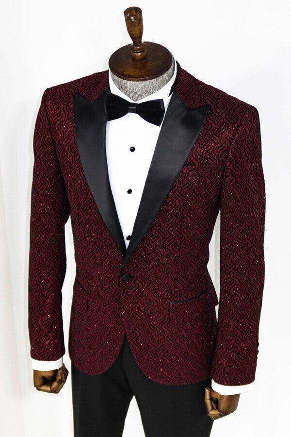 Shiny Patterned Burgundy Prom Blazer - Wessi