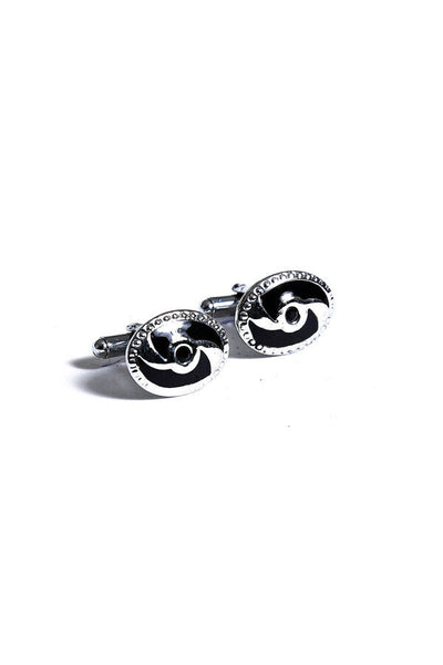 Silver Black Gem Detailed Round Cufflink - Wessi