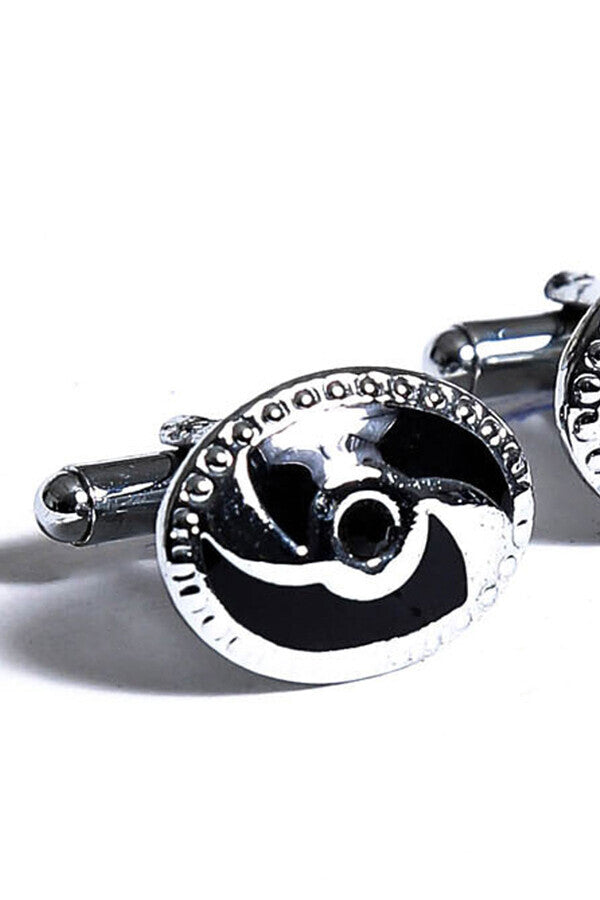 Silver Black Gem Detailed Round Cufflink - Wessi