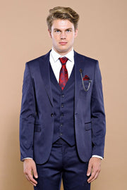 Single Button Dark Blue Vested Suit | Wessi