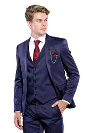 Single Button Dark Blue Vested Suit | Wessi