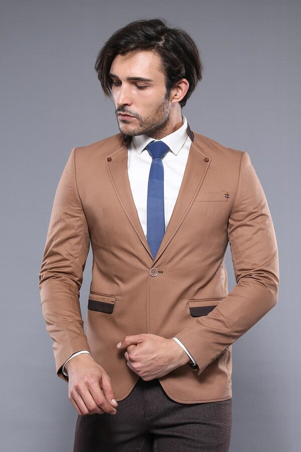 Single Button Standing Collar Beige Men Blazer - Wessi